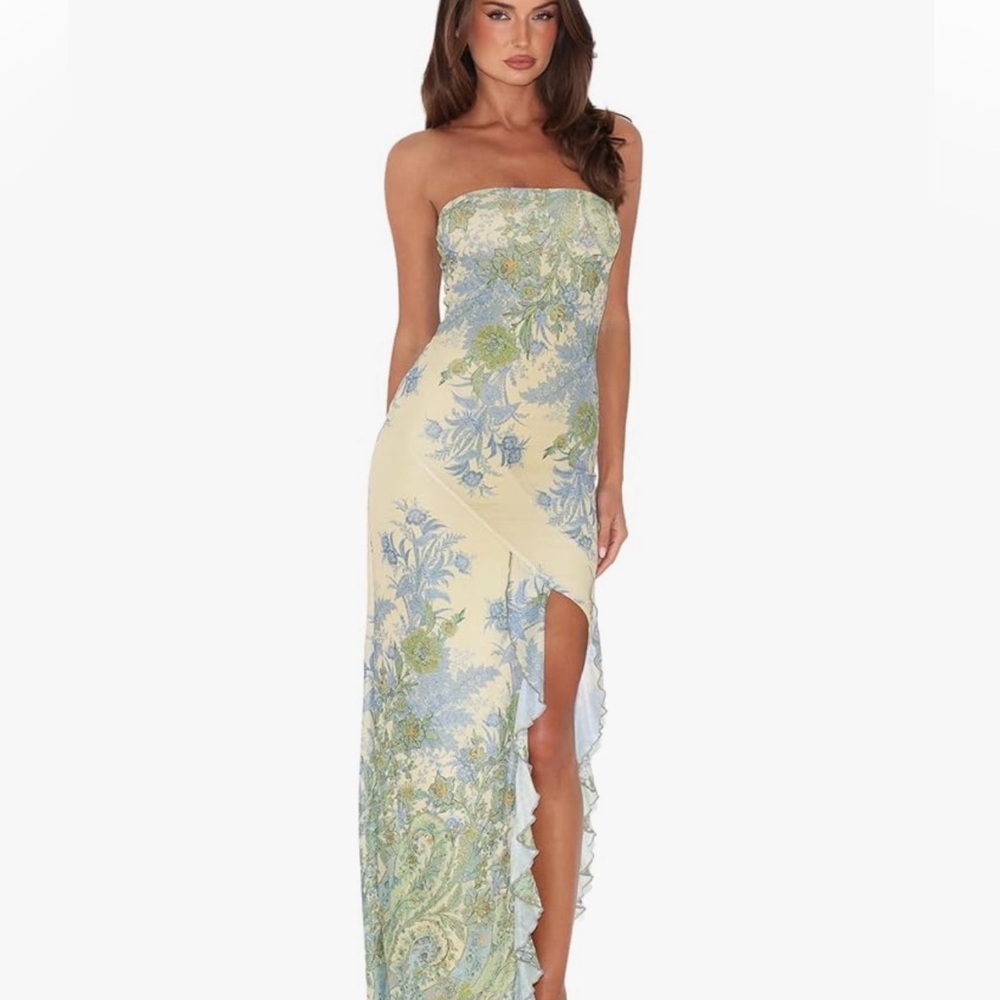 Tiger Mist Women's Theo Strapless Maxi Dress with Ruffle Trim Side Split